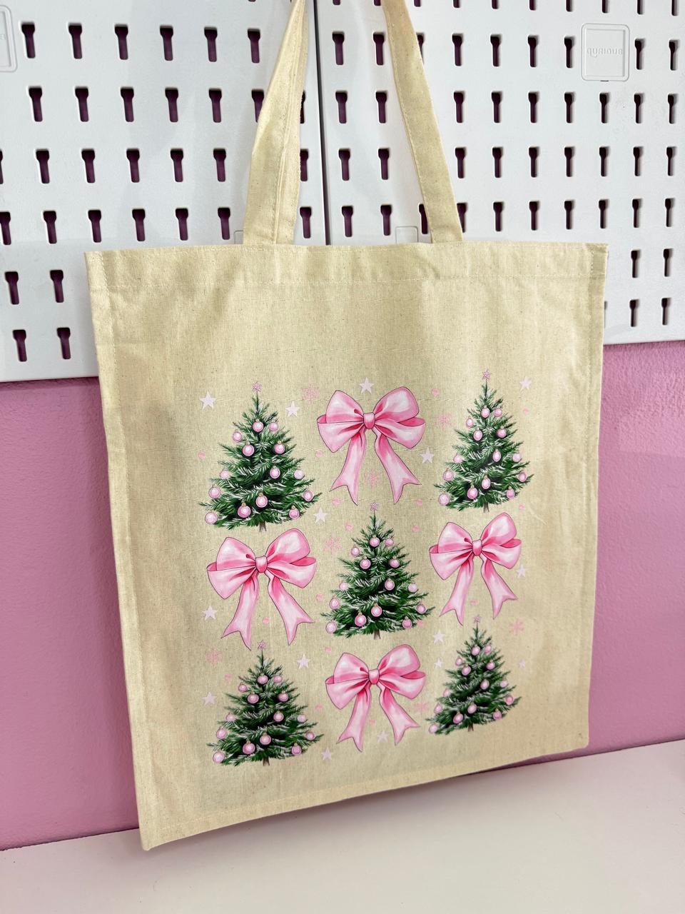 Christmas Tree Pink Bow Tote Bag