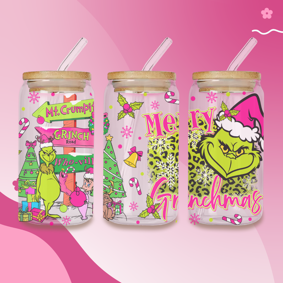 Pink Grinch Iced Coffee Glass Cup