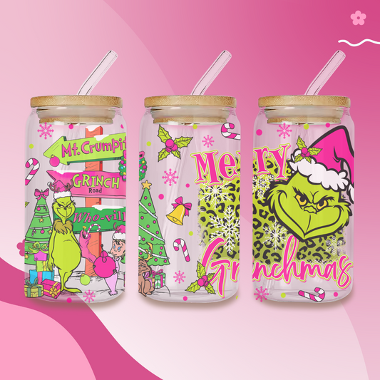 Pink Grinch Iced Coffee Glass Cup