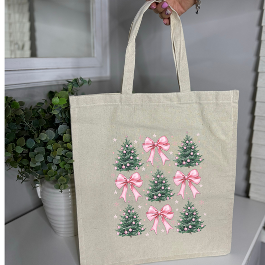 Christmas Tree Pink Bow Tote Bag